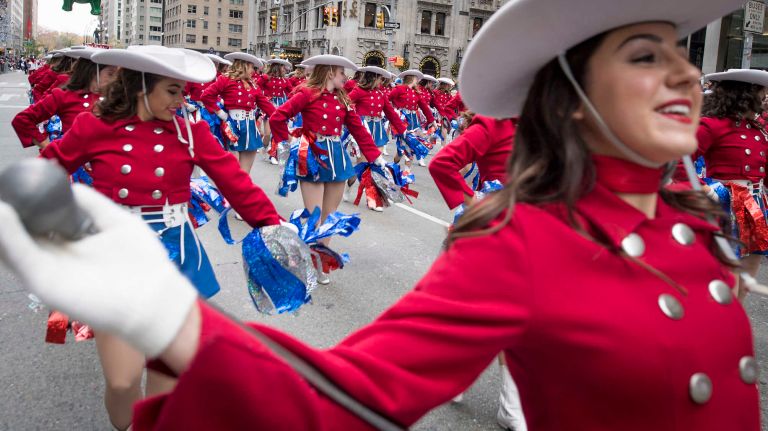 One of several bands in the 90th annual Macy's Thanksgiving Day Parade performs at Sixth Avenue and 59th Street on Nov. 24, 2016, in Manhattan.