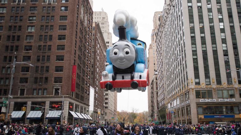 The Thomas the Tank Engine balloon rolls down Sixth Avenue near 59 Street on Nov. 24, 2016, during the 90th annual Macy's Thanksgiving Day Parade in Manhattan.