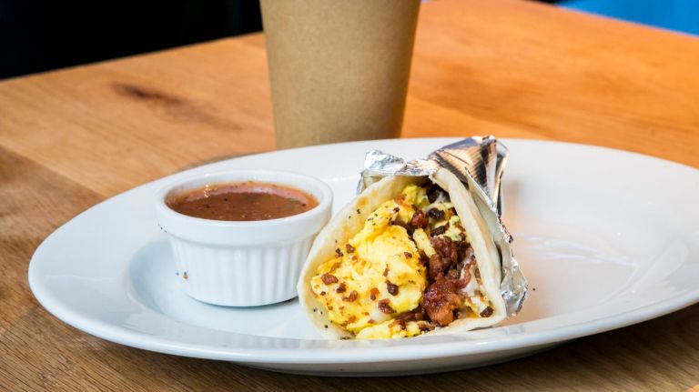 Javelina's breakfast taco options include bacon, egg and cheese on an 