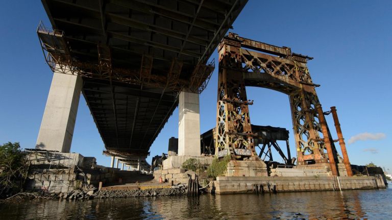 Old Kosciuszko Bridge finally comes down: See photos 13 Remnants of sections of the old Kosciuszko Bridge that were demolished using a process called energetic felling on both the Queens and Brooklyn sides of the Newtown Creek, Sunday,Oct. 1, 2017. The energetic felling required the placement of little charges at key joints on the bridge so that when the charges went off, the bridge broke apart and fell directly down.