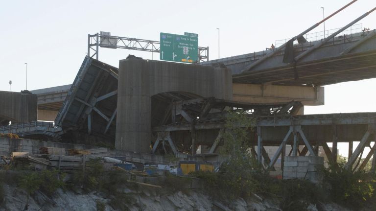 Old Kosciuszko Bridge finally comes down: See photos 15 Remnants of sections of the old Kosciuszko Bridge that were demolished using a process called energetic felling on both the Queens and Brooklyn sides of the Newtown Creek, Sunday,Oct. 1, 2017. The energetic felling required the placement of little charges at key joints on the bridge so that when the charges went off, the bridge broke apart and fell directly down.