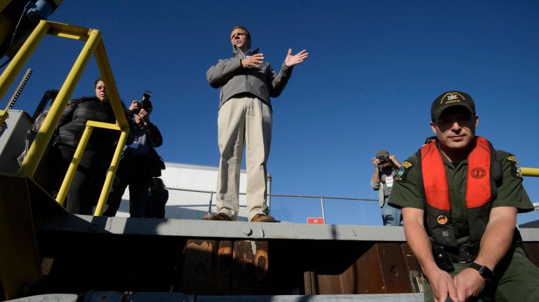 Old Kosciuszko Bridge finally comes down: See photos 16 New York State Governor Andrew M. Cuomo talks to members of the media who are waiting to get off of a boat after sections of the old Kosciuszko Bridge were demolished using a process called energetic felling on both the Queens and Brooklyn sides of the Newtown Creek, Sunday,Oct. 1, 2017. The energetic felling required the placement of little charges at key joints on the bridge so that when the charges went off, the bridge broke apart and fell directly down.