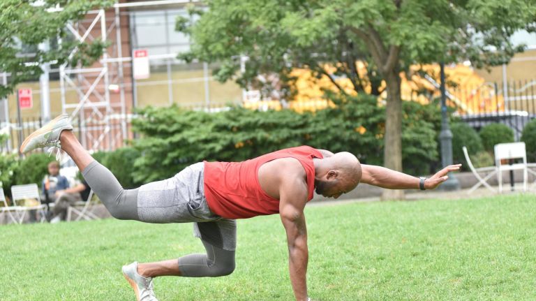 Fhitting Room trainer Troy Brooks shares 5 exercises you can do in a park 9 Trainer Troy Brooks has shared five workouts you can do in a park, and he demonstrated them at the park on W14th Street and 10th Ave. 3. Panther Reach: For this exercise think primal, begin in a quadruped position (on all fours). Make sure your wrists are stacked underneath your shoulders, with your shoulders parallel to your hips (flat back), and your knees underneath your hips. Once in position, reach out with one arm while simultaneously extending the opposite leg straight backwards.