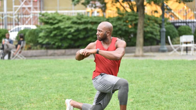 Fhitting Room trainer Troy Brooks shares 5 exercises you can do in a park 12 Trainer Troy Brooks has shared five workouts you can do in a park, and he demonstrated them at the park on W14th Street and 10th Ave. 5. High Knee Pull to Rotational Lunge: This is a functional warm up that allows for great rotation. Begin by standing with feet hip width a part, and drive one knee up hugging it into your chest while maintaining a neutral spine. This position allows your hip to open and stretch the glute of that leg. Then immediately release the leg and descend into a forward lunge rotating over the leg in lunge position.