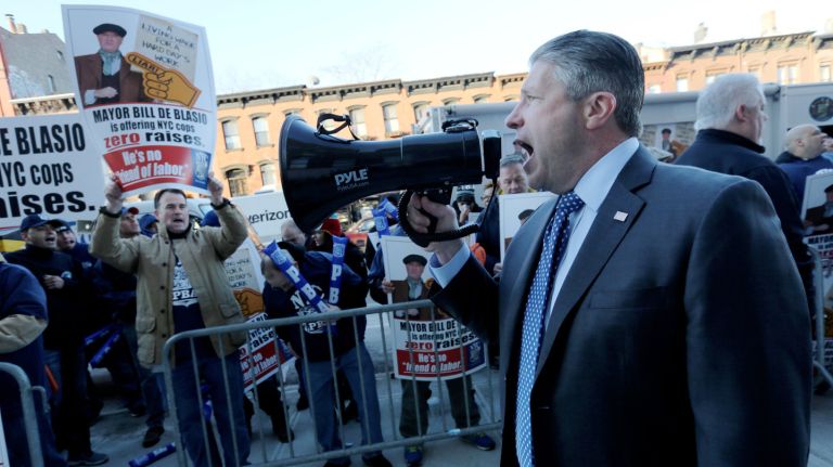 PBA President Patrick Lynch attends a rally Monday outside of the Park Slope YMCA to protest Mayor Bill de Blasio over contract negotiations. 