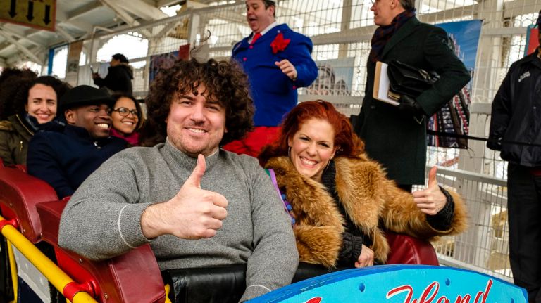 Coney Island's Luna Park opens for the season 1 Alessandro Zamperla, the president of Central Amusement International, with Gigi Bonbon (r), Miss Coney Island 2018, take the first ride at the opening ceremony for the Cyclone in Coney Island on Sunday.
