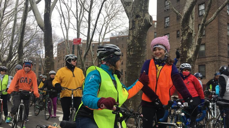 Women cyclists take over Queens Boulevard on Sunday 1 Joelle Galatan, 17, of Bayside, Queens, sporting an orange vest, gets ready to begin the Women's Ride through Queens on Sunday, March 25, 2018. Galatan helped organize the event with Transportation Alternatives and other groups to help women feel 'empowered' to ride, she said.