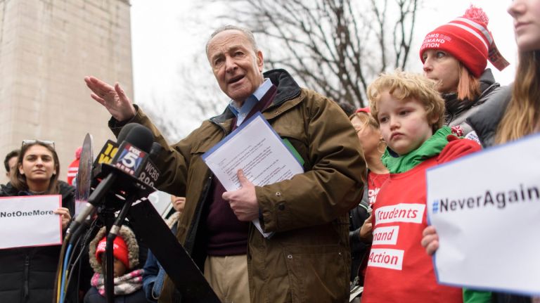 Sen. Chuck  Schumer, center, challenges   Senate Majority Leader Mitch McConnell to bring bills aimed at preventing gun violence to the floor, and allow for debate.