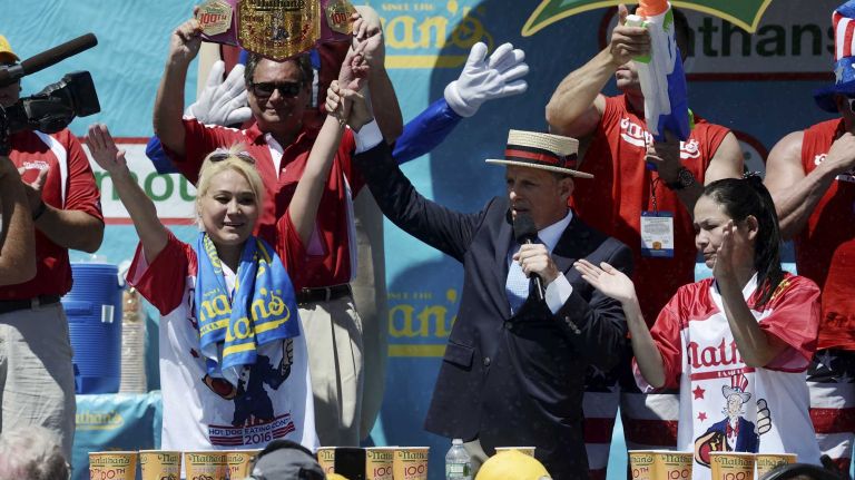 Miki Sudo, left, defeats, Sonya 