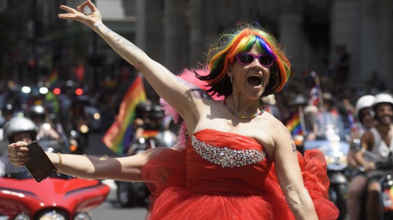 NYC Pride March 2016: See photos of the annual march to commemorate the Stonewall riots 91 Participants march and ride motorcycles in the 46th annual New York City Pride March on Fifth Avenue in Manhattan on Sunday, June 26, 2016. This year's Pride parade pays tribute to the 49 killed in the shooting at a gay nightclub in Orlando, Florida, two weeks ago on June 12.