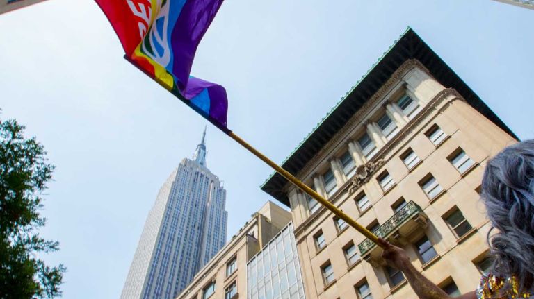 NYC Pride March 2016: See photos of the annual march to commemorate the Stonewall riots 112 A paradegoer dressed with wings holds a peace flag during the 46th annual New York City Pride March on Fifth Avenue in Manhattan on Sunday, June 26, 2016. This year's Pride parade pays tribute to the 49 killed in the shooting at a gay nightclub in Orlando, Florida, two weeks ago on June 12.