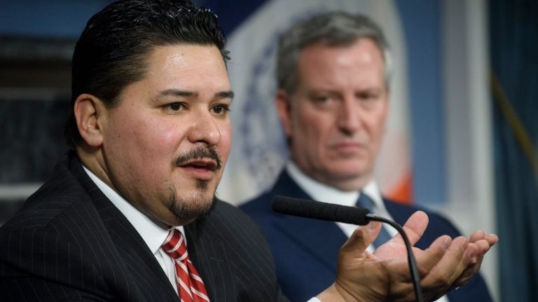 Houston Independent School District Superintendent Richard Carranza, left, and New York City Mayor Bill de Blasio, right, attend a press conference at City Hall, Manhattan, Thursday, March 1, 2018. Mayor de Blasio announced that Carranza will be the new New York City Schools Chancellor less than a week after his first pick for the job announced live on television that he would no longer accept the offer.
