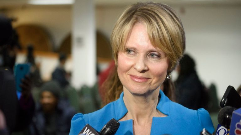 Cynthia Nixon answers questions after kicking off her gubernatorial campaign at Bethesda Healing Center in Brownsville, Brooklyn,  on Tuesday. 