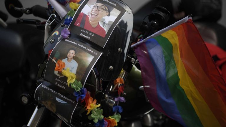 NYC Pride March 2016: See photos of the annual march to commemorate the Stonewall riots 123 Photos of Orlando shooting victims are seen on a motorcycle at the 46th annual New York City Pride March on Fifth Avenue in Manhattan on Sunday, June 26, 2016. This year's Pride parade pays tribute to the 49 killed in the massacre at a gay nightclub in Orlando, Florida, two weeks ago on June 12.