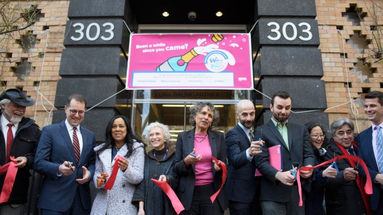 The reopening  of the Chelsea Sexual Health Clinic in Manhattan is celebrated by Health Commissioner Dr. Mary T. Bassett, center, as well as elected officials, members of the de Blasio administration and activists  on Thursday, March 15, 2018.