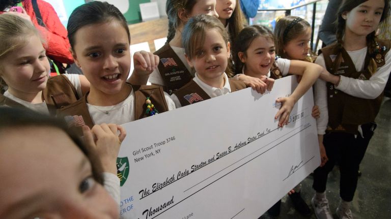 Finalists for Central Park women’s suffrage monument unveiled 1 Girl Scouts from Troop 3746 donated $5,000 from their cookie earnings for the first statue of real women in Central Park on Wednesday, March 14, 2018.