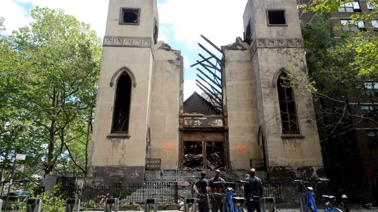 The remnants of Beth Hamedrash Hagodol synagogue a day after a 3-alarm fire destroyed the 167-year-old house of worship on the Lower East Side, Monday, May 15, 2017. The building was built in 1850.