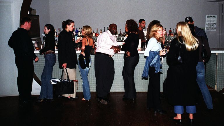 How much denim can you squish into one Manhattan bar? Patrons chat at Vue, formerly at 151 E. 50th St., on Oct. 11, 2002. A restaurant/nightclub combo, Vue was known for its weekly themed nights and light shows. 