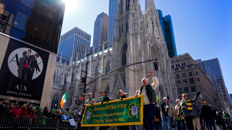 Members of the NYPD Emerald Society march during the New York City St. Patrick's Day parade Friday, March 17, 2017, in Manhattan.