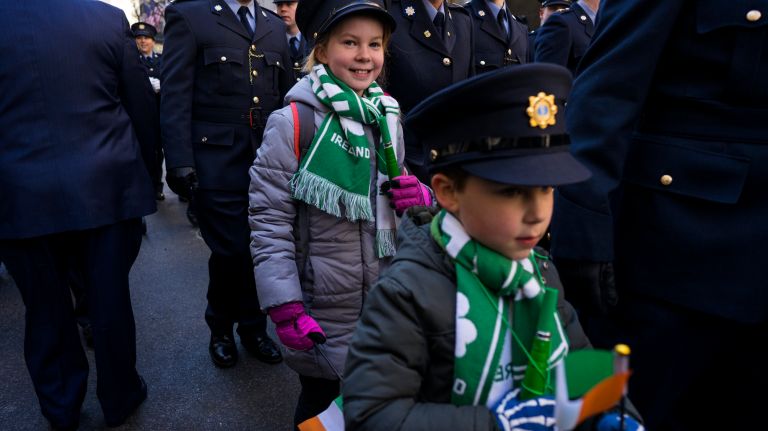 Young participants with a unit from a police department in Dublin, Ireland, march during the New York City St. Patrick's Day parade Friday, March 17, 2017, in Manhattan.