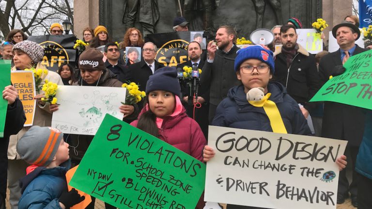Park Slope march, rally demands safer streets in wake of deadly crash 1 Kids March for Safer Streets attendees hold signs in Park Slope, Brooklyn on Monday, March 12, 2018.