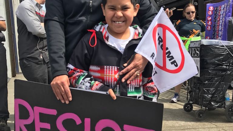 Marilee Lawrence, 47, of Standing Rock, North Dakota, brought her 8-year-old grandson to be a part of the protest at De Witt Clinton Park in Manhattan on Thursday, May 4, 2017. She said she is Native American and 