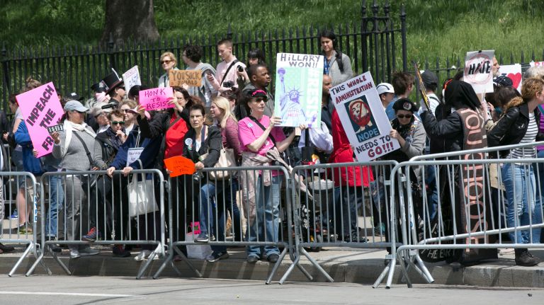 Anti-Trump protesters swarmed De Witt Clinton Park in Manhattan before the president's visit to the Intrepid Air and Space Museum, on May 4, 2017.