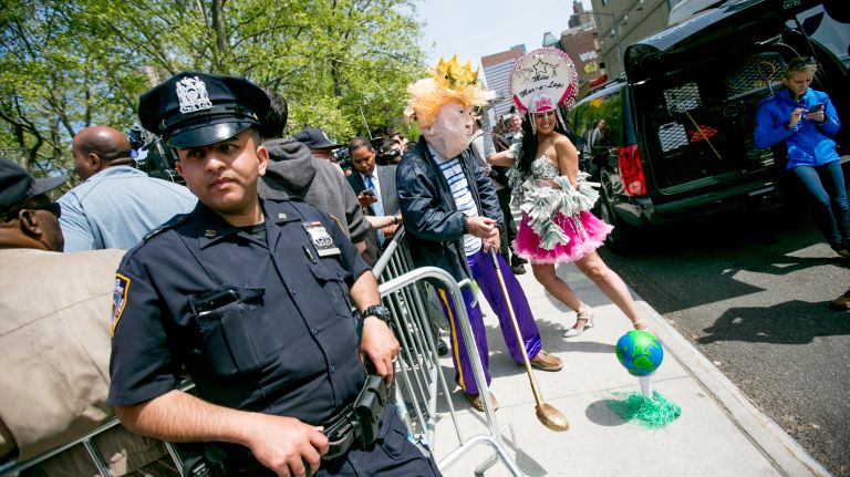 Protesters at De Witt Clinton Park in Manhattan before the President Donald Trump's visit to the Intrepid Air and Space Museum, on May 4, 2017.