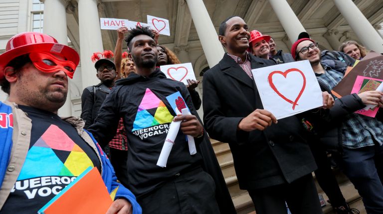 Coalition for Homeless Youth members gathered on the steps of City Hall with Councilman Ritchie Torres on Wednesday, Feb. 14, 2018, to urge support for those about to age out of the system.