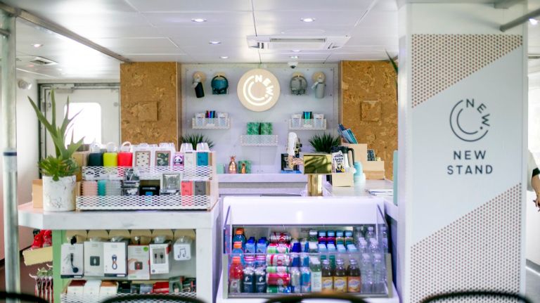 The New Stand concessions on NYC Ferry boats are stocked with everything from phone chargers and other electronic needs to drinks, snacks and reusable water bottles.