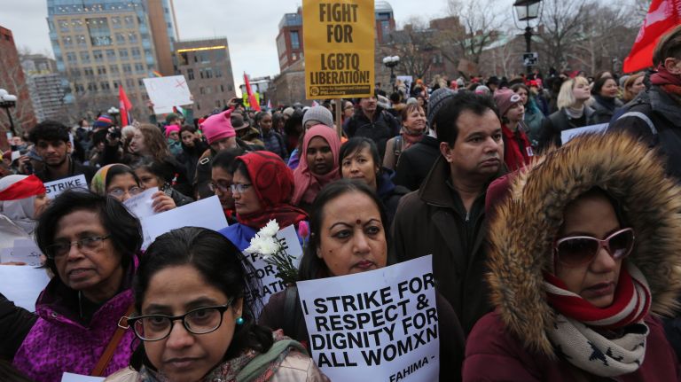Hundreds of people attend the International Women's Strike and rally in Washington Square Park, coinciding with International Women's Day, on Thursday, Mar. 8, 2018.