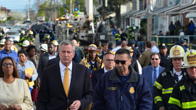 Mayor Bill de Blasio, FDNY Commissioner Daniel Nigro and Public Advocate Letitia James at the scene of a fatal house fire in Queens Village on Sunday, April 23, 2017. 