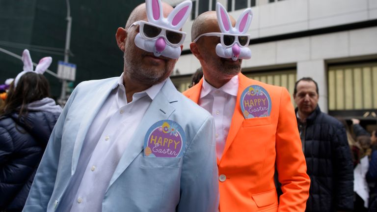 People gather on Fifth Avenue for the Easter parade and bonnet festival.