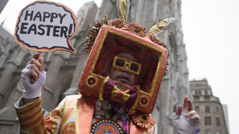 A man is dressed as a bunny on Fifth Avenue for the Easter parade and bonnet festival.