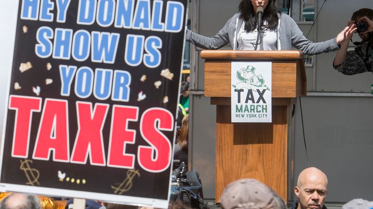 Comedian Sarah Silverman speaks to protesters at Bryant Park during the NYC Tax March on Saturday, April 15, 2017.