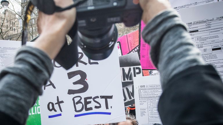 Comedian Sarah Silverman joins protesters at Bryant Park calling on President Donald Trump to show his tax returns on Saturday, April 15, 2017.