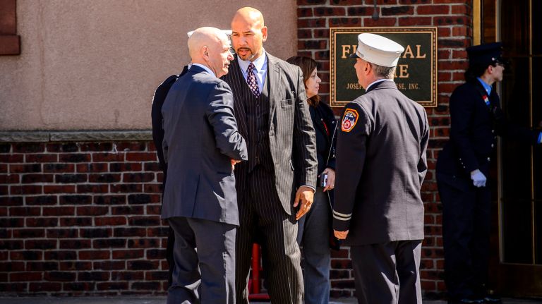 Salvatore Cassano, left, former FDNY Commissioner, and Bronx Borough President Ruben Diaz Jr. chat outside the wake for Yadira Arroyo at the Joseph A. Lucchese Funeral Home on Morris Park Avenue in the Bronx, Thursday, March 23, 2017.