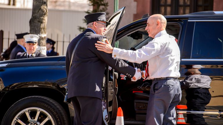 Former FDNY Commissioner Salvatore Cassano arrives at the wake for Yadira Arroyo at the Joseph A. Lucchese Funeral Home on Morris Park Avenue in the Bronx, Thursday, March 23, 2017.