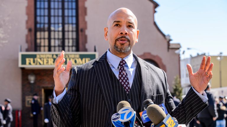 Bronx Borough President Ruben Diaz Jr. speaks to reporters at the wake for Yadira Arroyo at the Joseph A. Lucchese Funeral Home on Morris Park Avenue in the Bronx, Thursday, March 23, 2017.