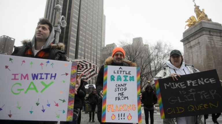 LGBT rally at Trump Tower: Photos of the midtown Manhattan protest 36 Members of the LGBT community and their allies march along 59th Street in Manhattan on Sunday, Feb. 12, 2017. A leaked draft of an executive order on religious exemptions and the nomination of Judge Neil Gorsuch to the U.S. Supreme Court has members of the lesbian, gay, bisexual and transgender community concerned that gains made during the Obama administration will be rolled back by President Donald Trump.