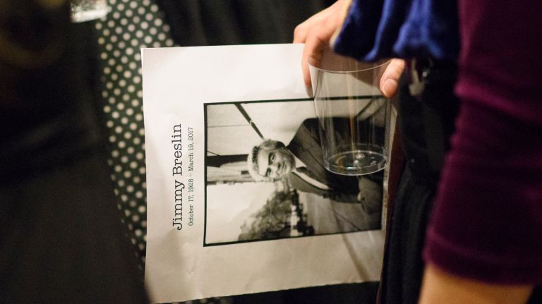 People gather in a theater at the Church of the Blessed Sacrament in Manhattan after a funeral Mass for Pulitzer Prize-winning columnist Jimmy Breslin on Wednesday, March 22, 2017. 