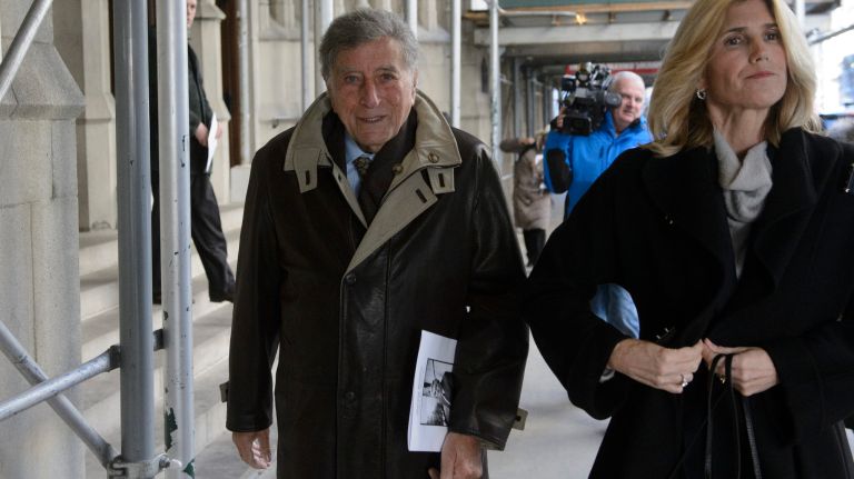 Singer Tony Bennett leaves the Church of the Blessed Sacrament in Manhattan after a funeral Mass for Pulitzer Prize-winning columnist Jimmy Breslin on Wednesday, March 22, 2017. 