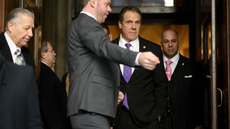 New York Gov. Andrew M. Cuomo exits the Church of the Blessed Sacrament in Manhattan after a funeral Mass for Pulitzer Prize-winning columnist Jimmy Breslin on Wednesday, March 22, 2017. 