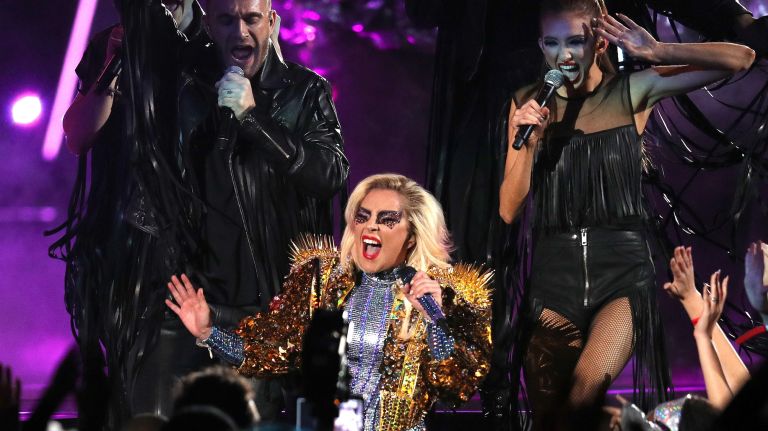Super Bowl 2017 halftime show with Lady Gaga, more performers 2 Lady Gaga performs during the Pepsi Zero Sugar Super Bowl 51 Halftime Show at NRG Stadium in Houston, Texas, on Sunday, Feb. 5. Gaga threw on a cropped jeweled and sequined jacket with exaggerated sleeves over her Atelier Versace bodysuit.