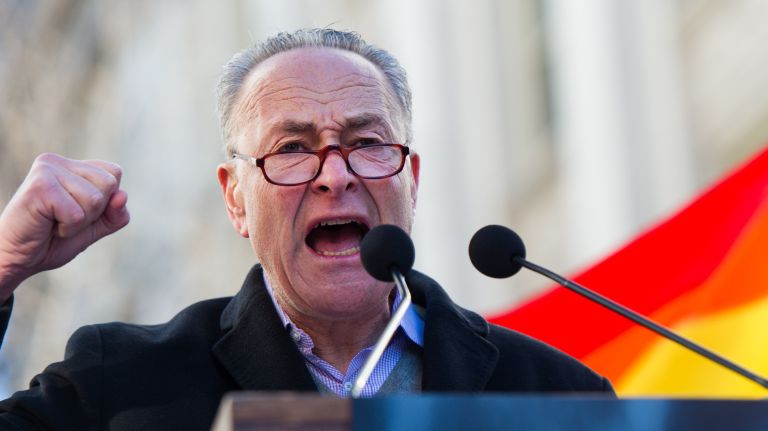 Senator Chuck Schumer speaks at the rally at the Stonewall National Monument in Manhattan on Saturday, Feb. 4, 2016.
