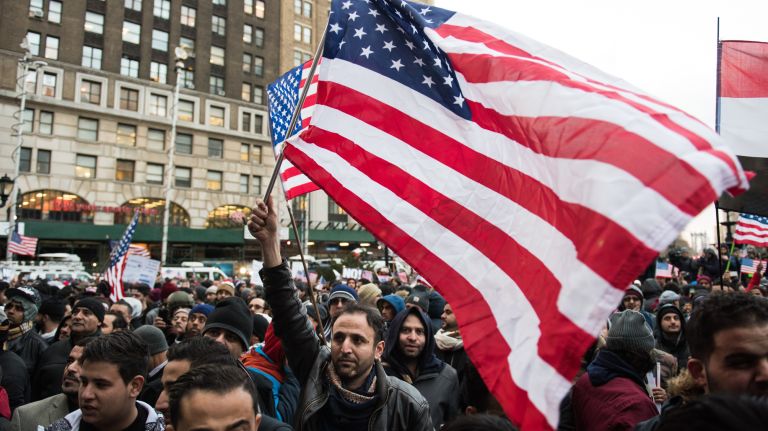 The Yemeni-American community rallies at Brooklyn Borough Hall against President Donald Trump's immigration travel ban on Feb. 2, 2017.