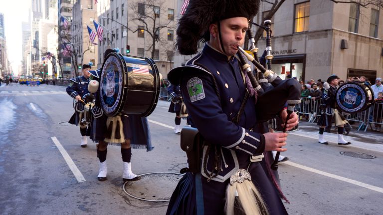 Participants with the Bergen County Pipes and Drums corp march during the New York City St. Patrick's Day parade Friday, March 17, 2017, in Manhattan.