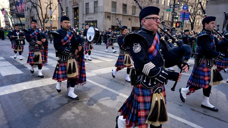 Members of the Wantagh American Legion Pipe Band march during the New York City St. Patrick's Day parade Friday, March 17, 2017, in Manhattan.