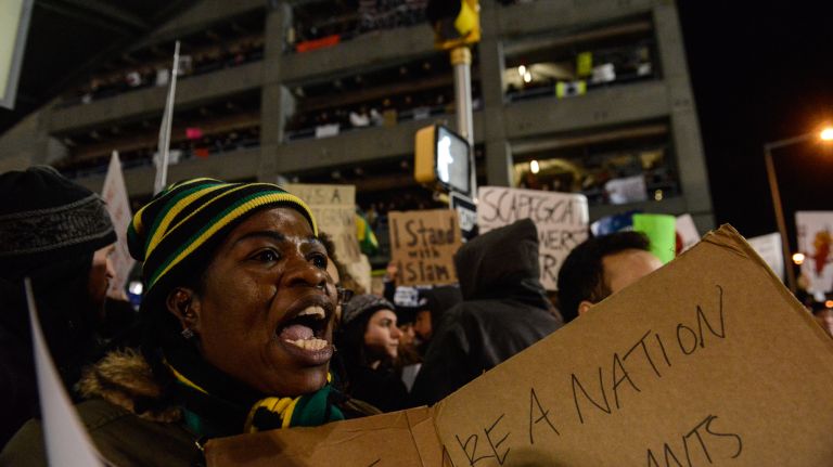 Protesters rally in support of refugees at JFK on Jan. 28, 2017.