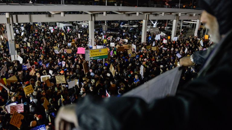 Protesters rally in support of refugees at JFK on Jan. 28, 2017.